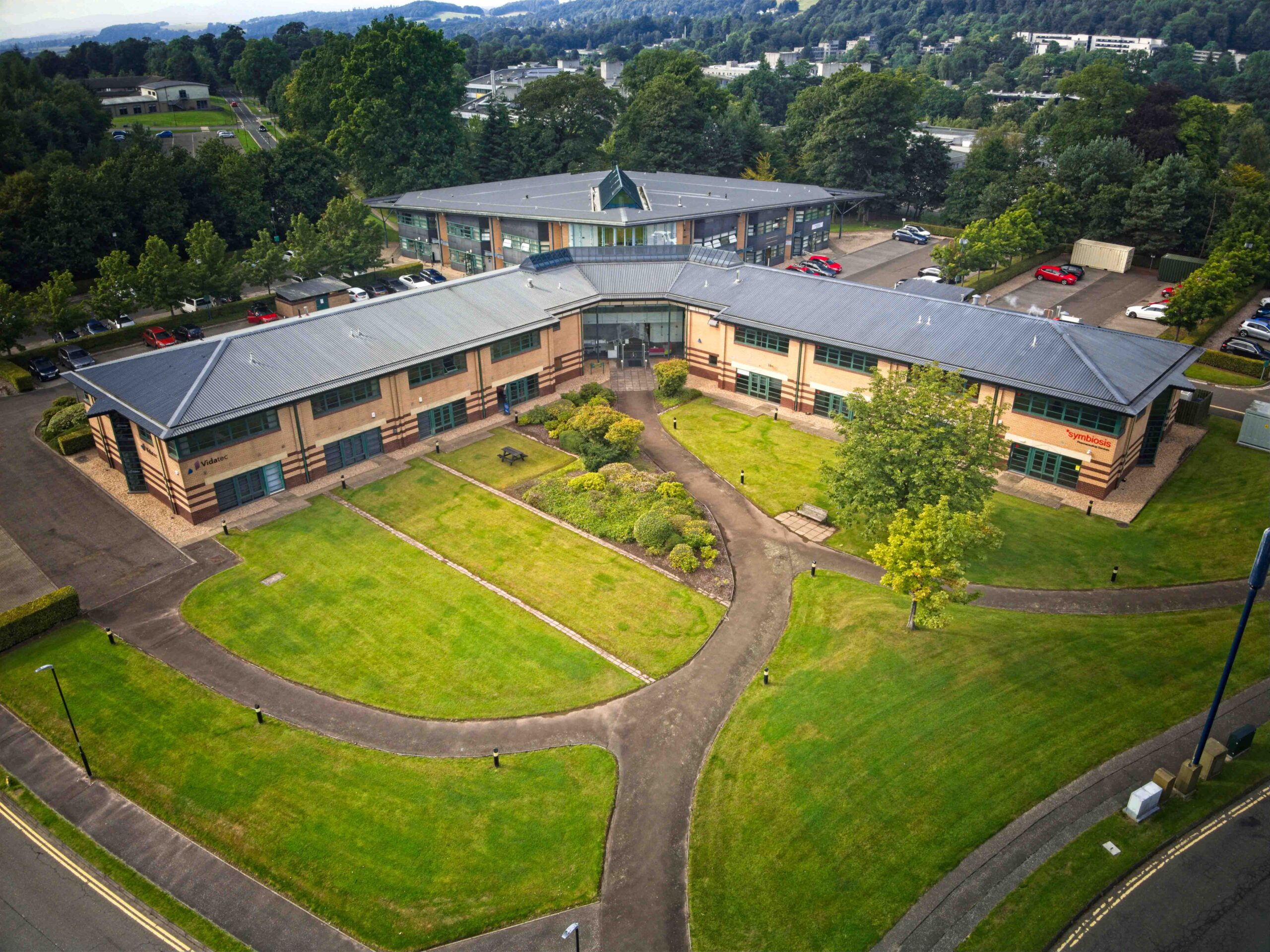 View from above of Symbiosis Pharmaceutical Services building situated in the Stirling University Innovation Park